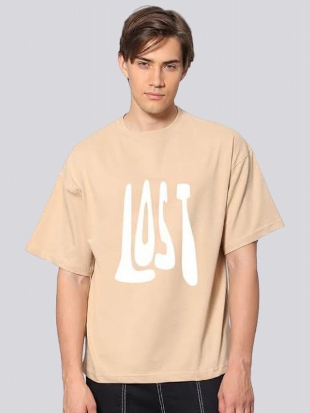 

Besick Men Typography Printed Round Neck Oversized T-shirt, Beige