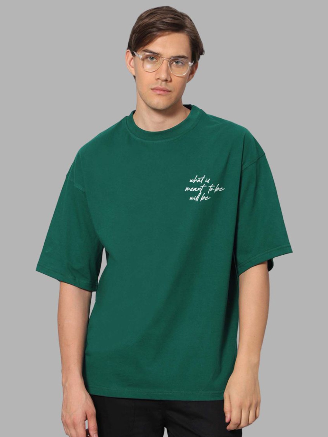 

Besick Men Typography Printed Round Neck Oversized T-shirt, Olive