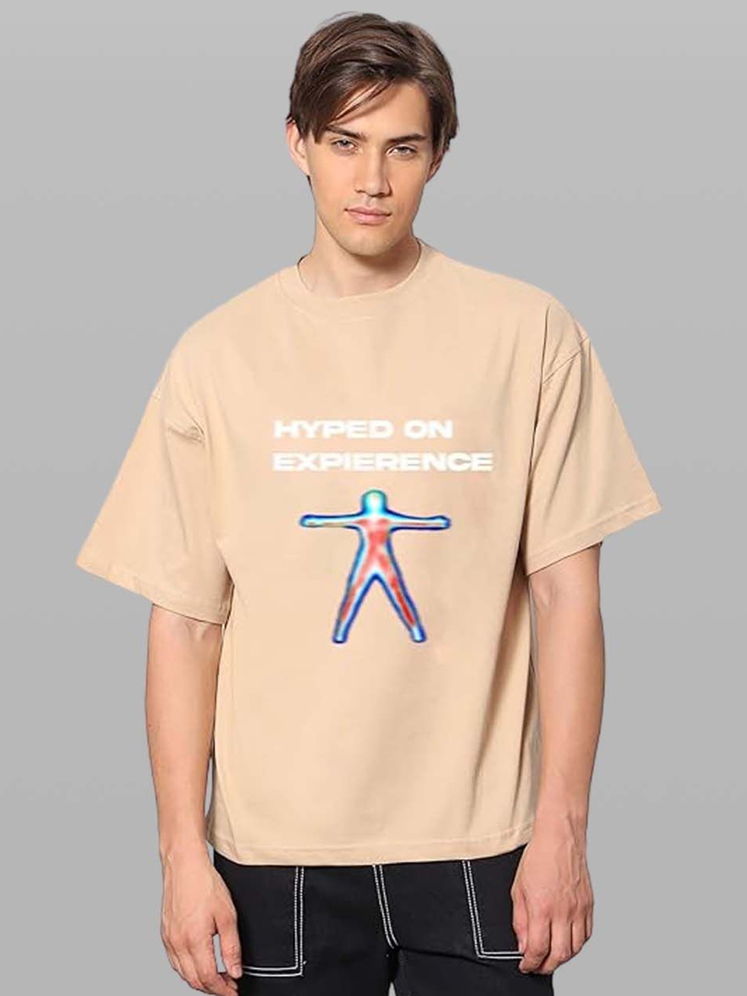 

Besick Men Typography Printed Round Neck Oversized T-shirt, Beige