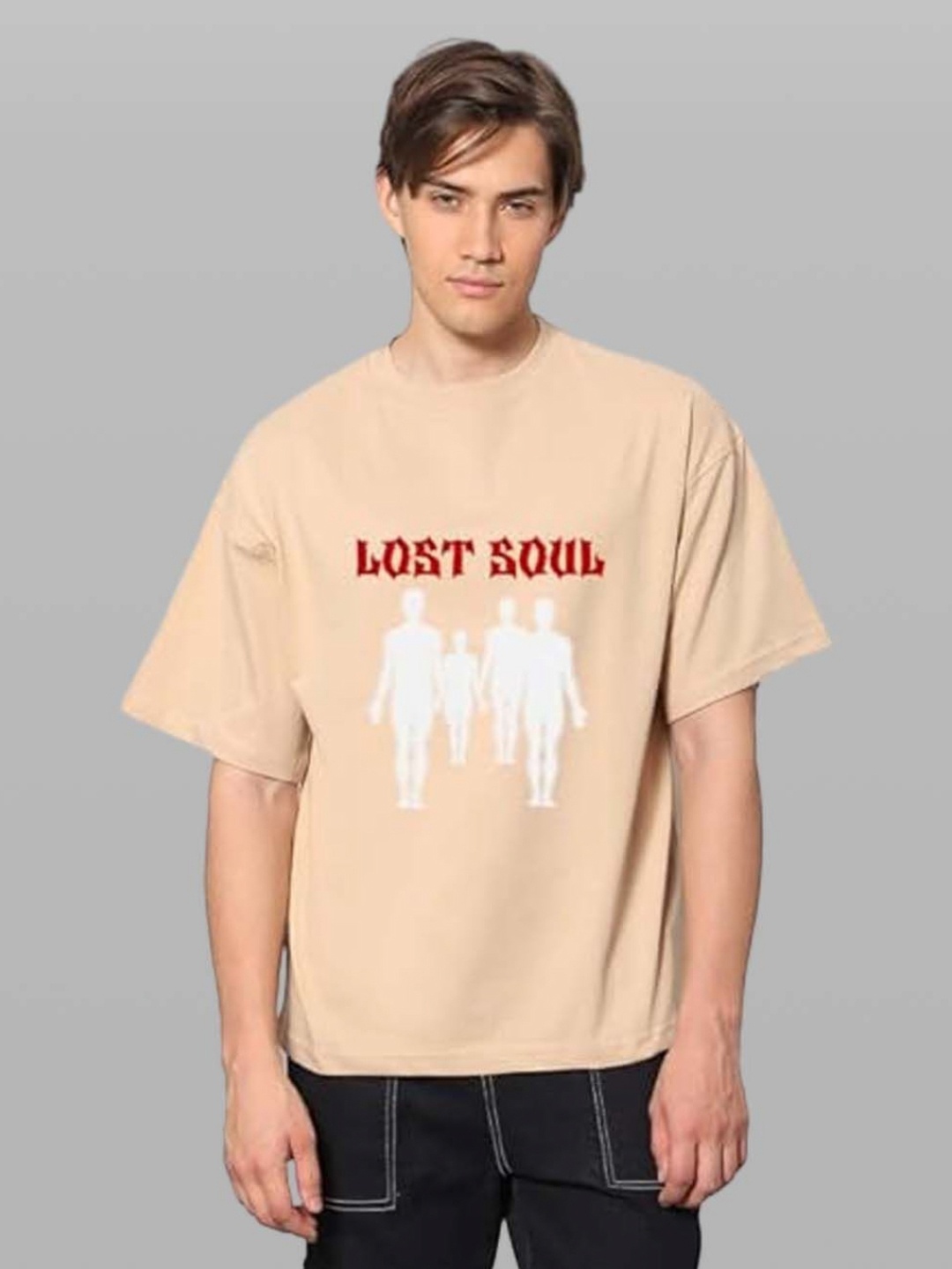 

Besick Men Typography Printed Round Neck Oversized T-shirt, Beige