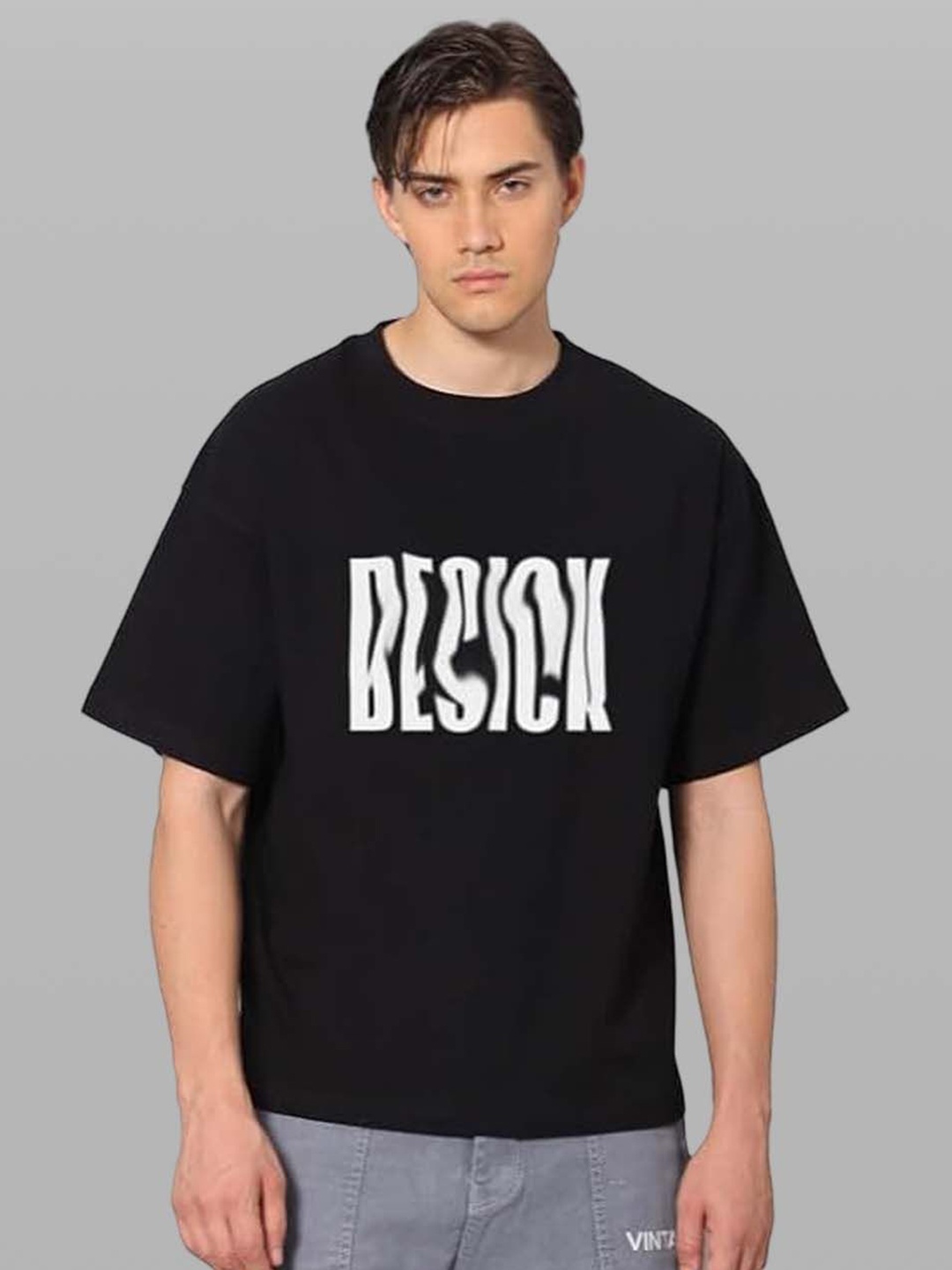 

Besick Men Typography Printed Round Neck Oversized T-shirt, Black