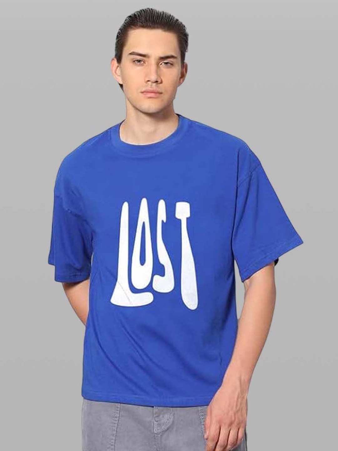 

Besick Men Typography Printed Round Neck Oversized T-shirt, Navy blue