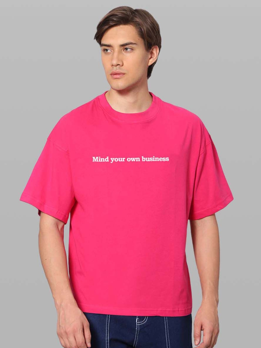 

Besick Men Typography Printed Round Neck Oversized T-shirt, Pink