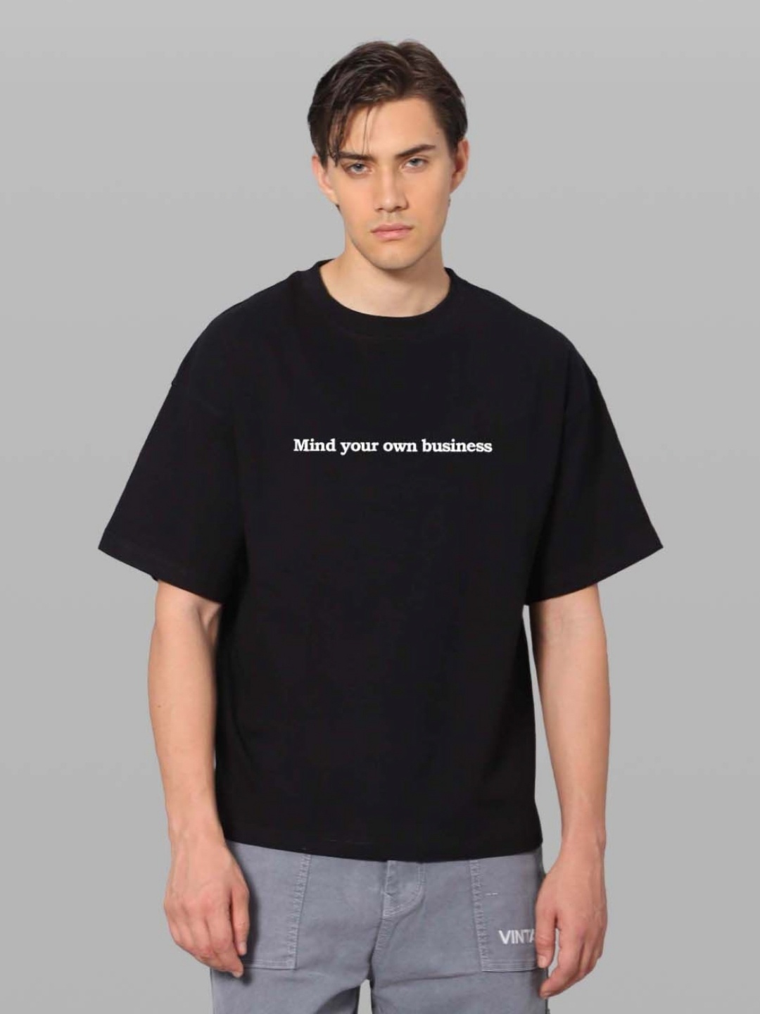 

Besick Typography Printed Round Neck Baggy T-shirt, Black