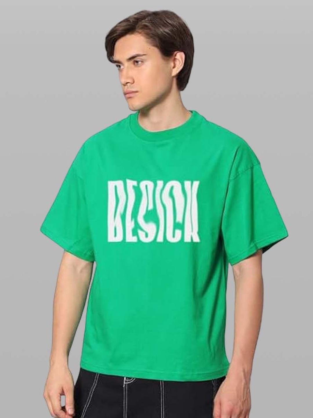 

Besick Men Typography Printed Round Neck Oversized T-shirt, Green