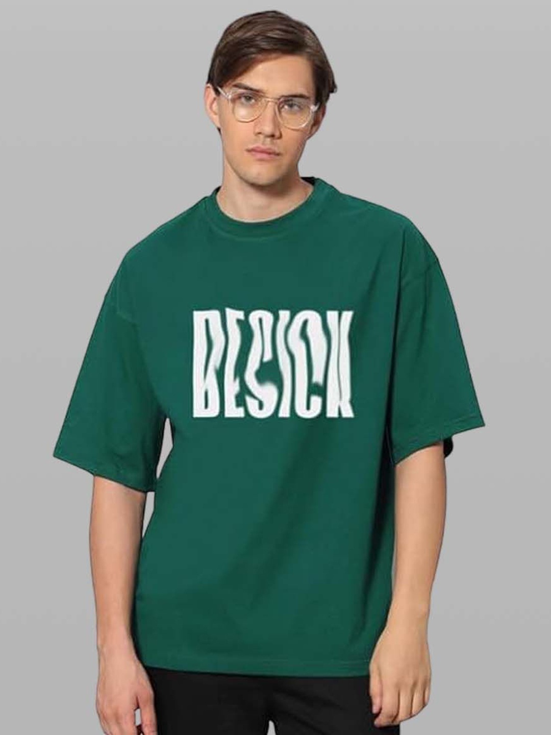 

Besick Men Typography Printed Round Neck Oversized T-shirt, Olive