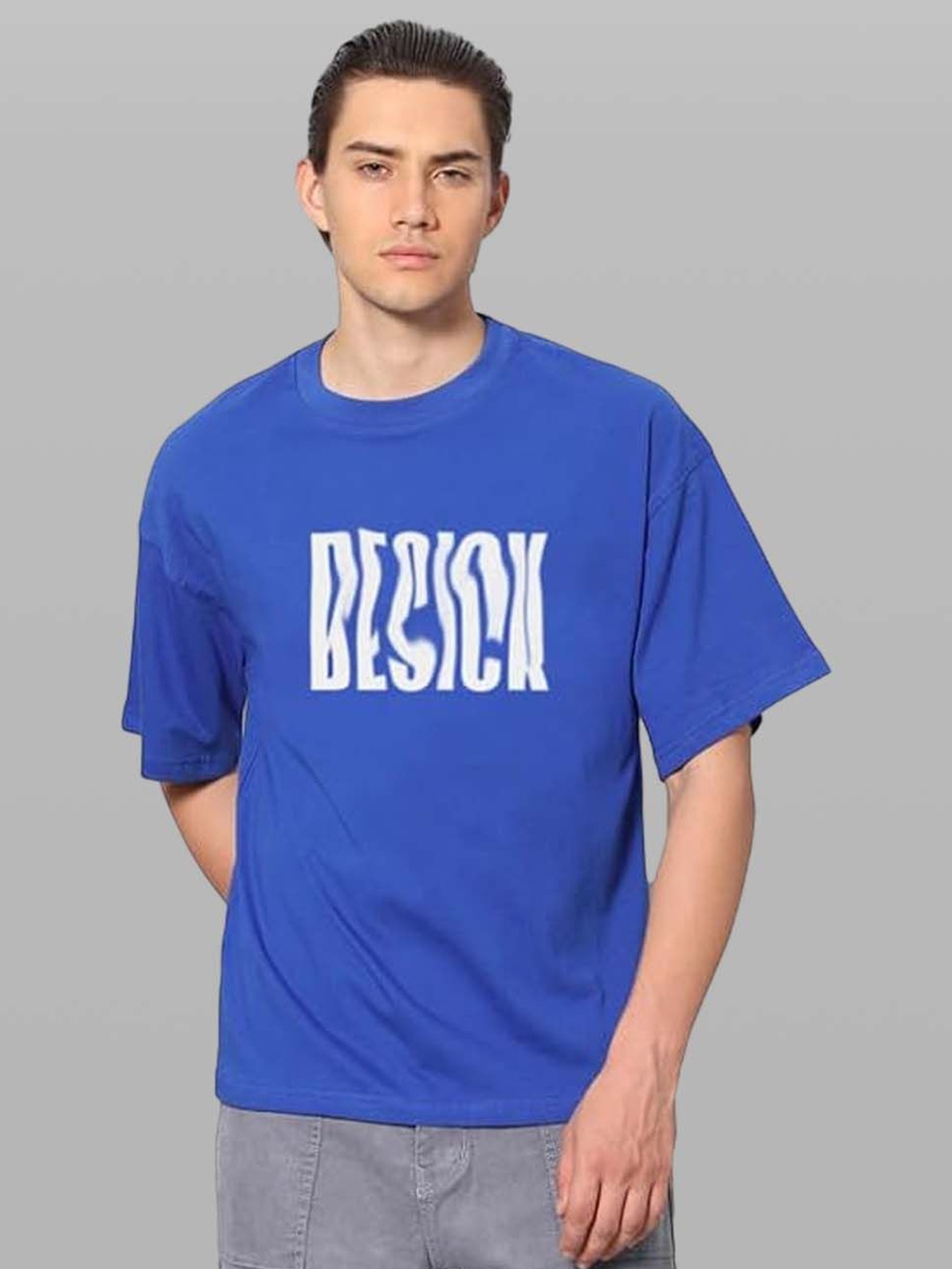 

Besick Men Typography Printed Round Neck Oversized T-shirt, Navy blue