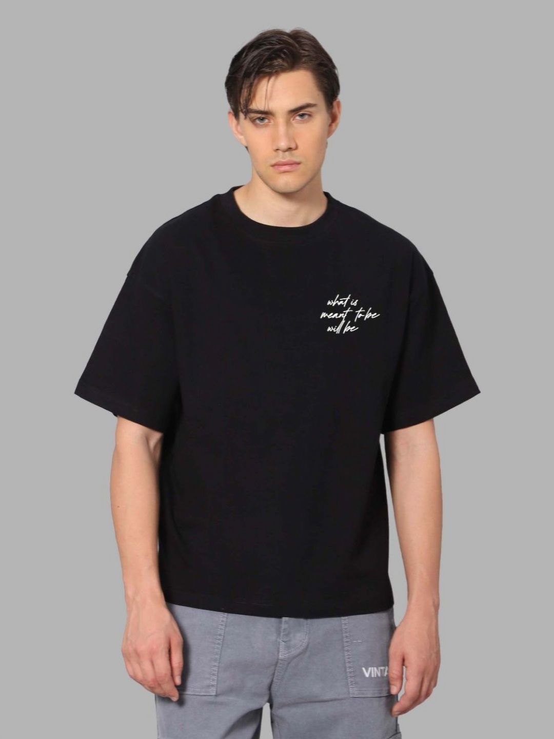 

Besick Men Typography Printed Round Neck Oversized T-shirt, Black