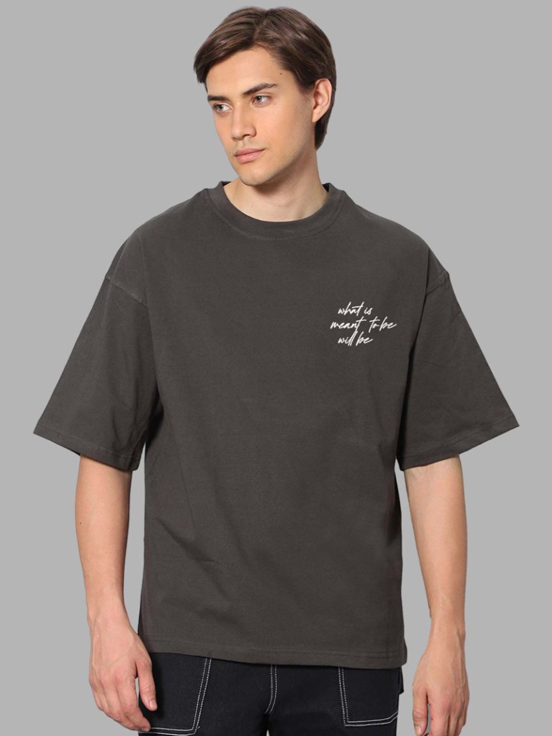 

Besick Men Typography Printed Round Neck Oversized T-shirt, Grey