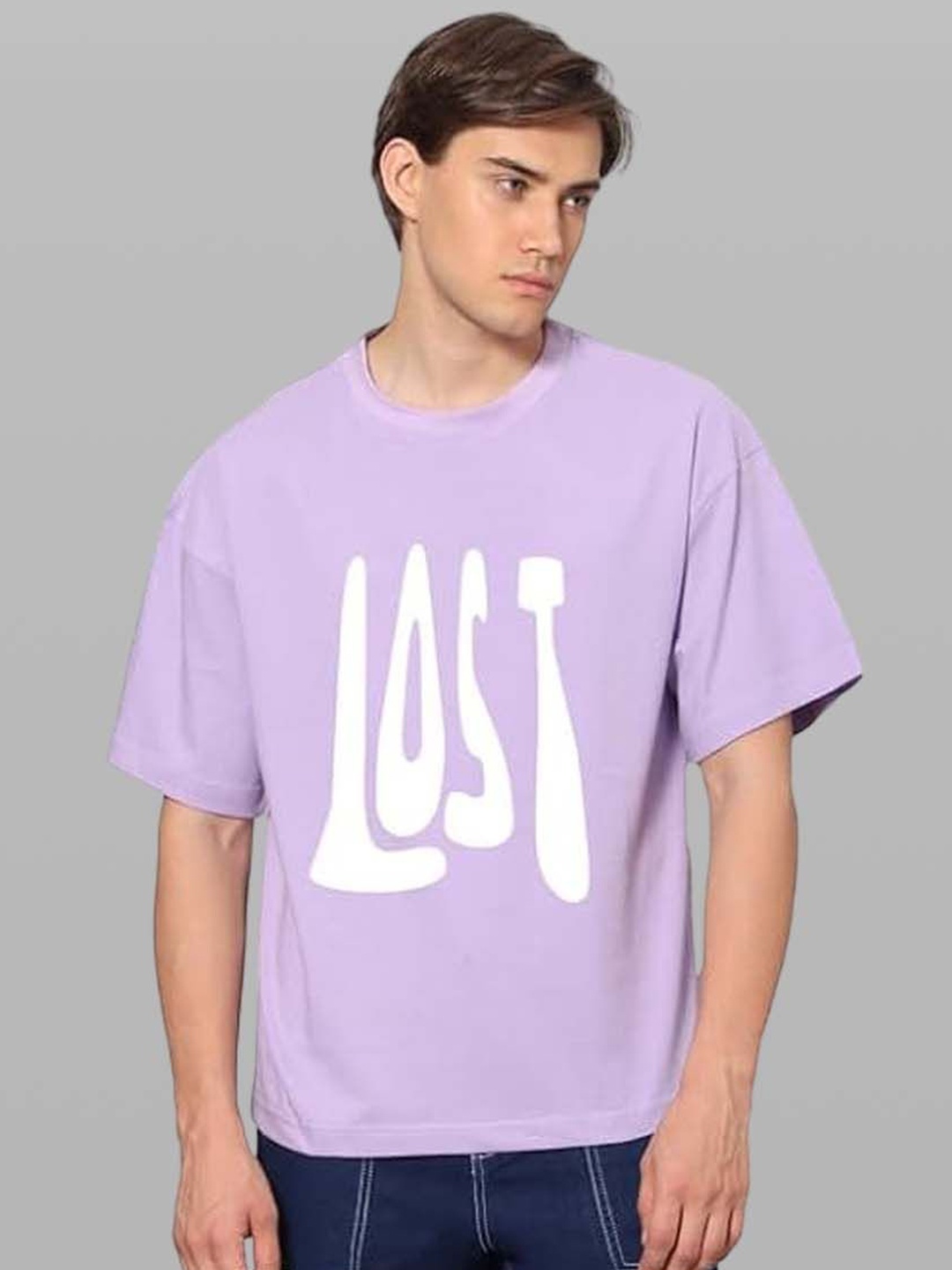 

Besick Men Typography Printed Round Neck Oversized T-shirt, Lavender