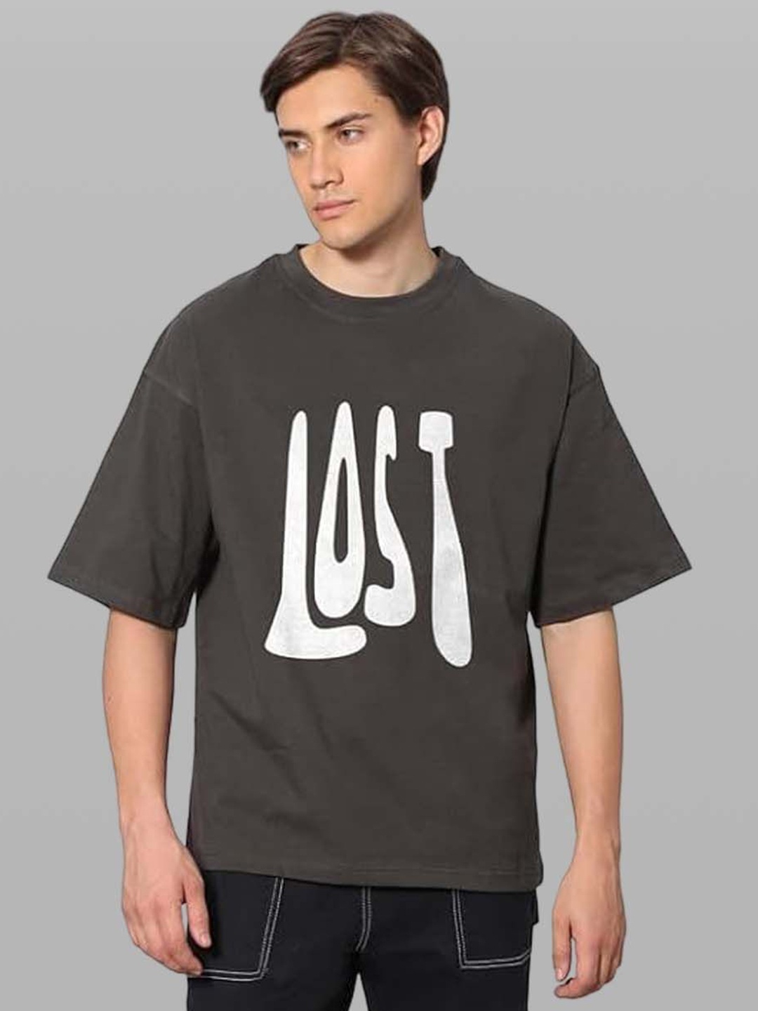 

Besick Men Typography Printed Round Neck Oversized T-shirt, Grey