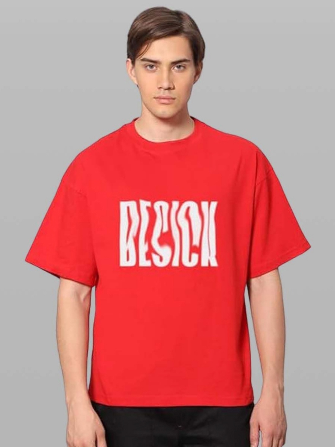 

Besick Men Typography Printed Round Neck Oversized T-shirt, Red