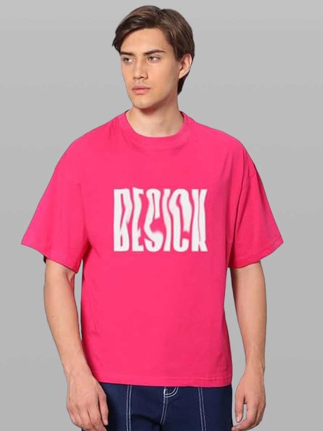 

Besick Men Typography Printed Round Neck Oversized T-shirt, Pink