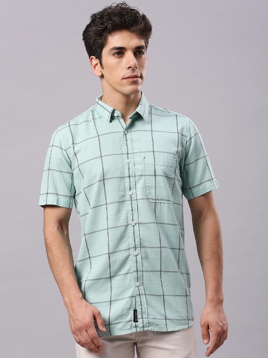 

Klub Fox Men Slim Fit Opaque Checked Casual Shirt, Sea green