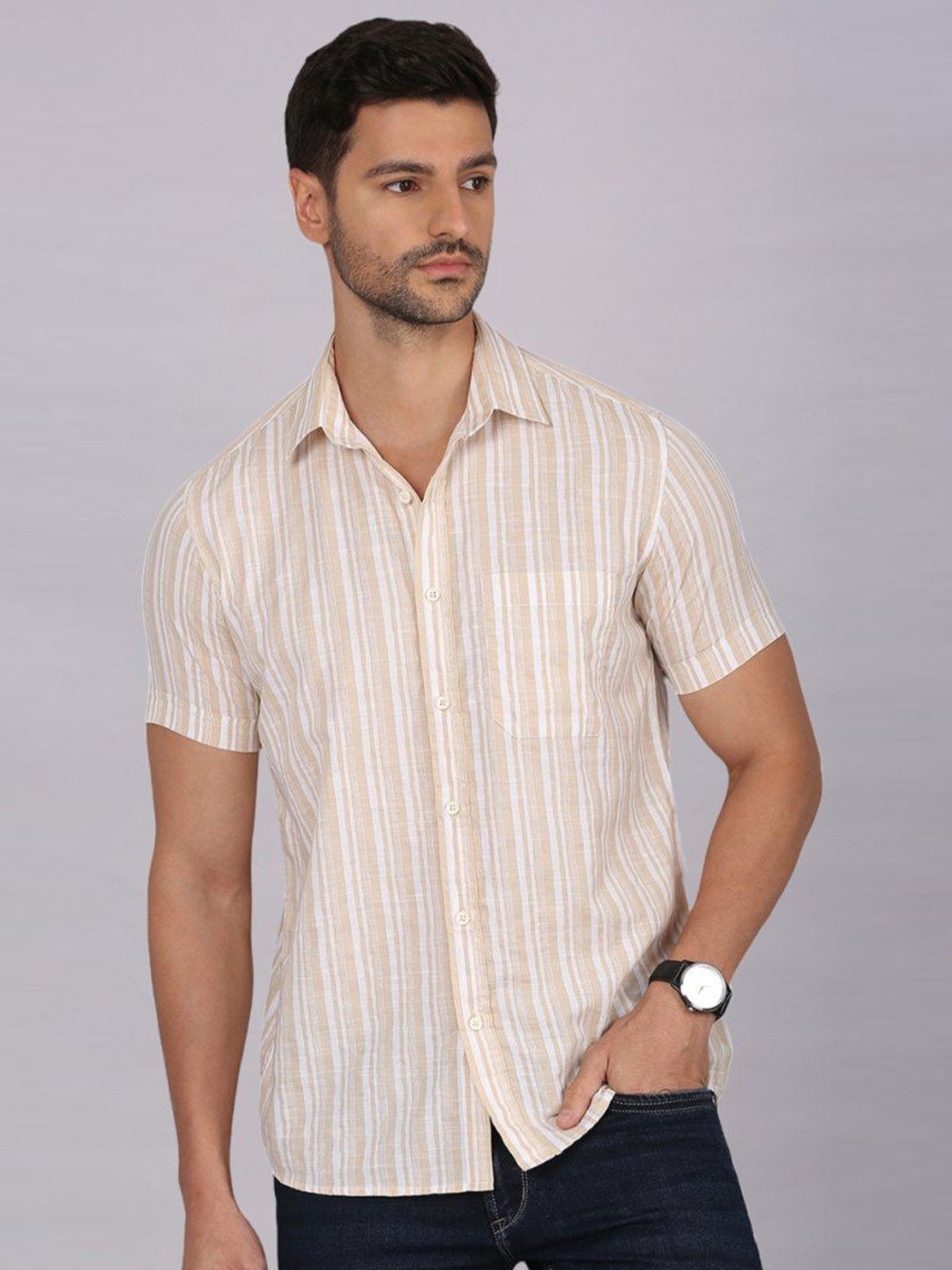 

Klub Fox Men Slim Fit Opaque Striped Casual Shirt, Beige