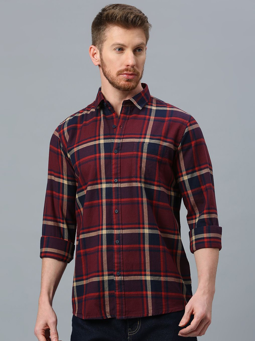 

Klub Fox Men Tartan Checks Cotton Slim Fit Opaque Checked Casual Shirt, Maroon