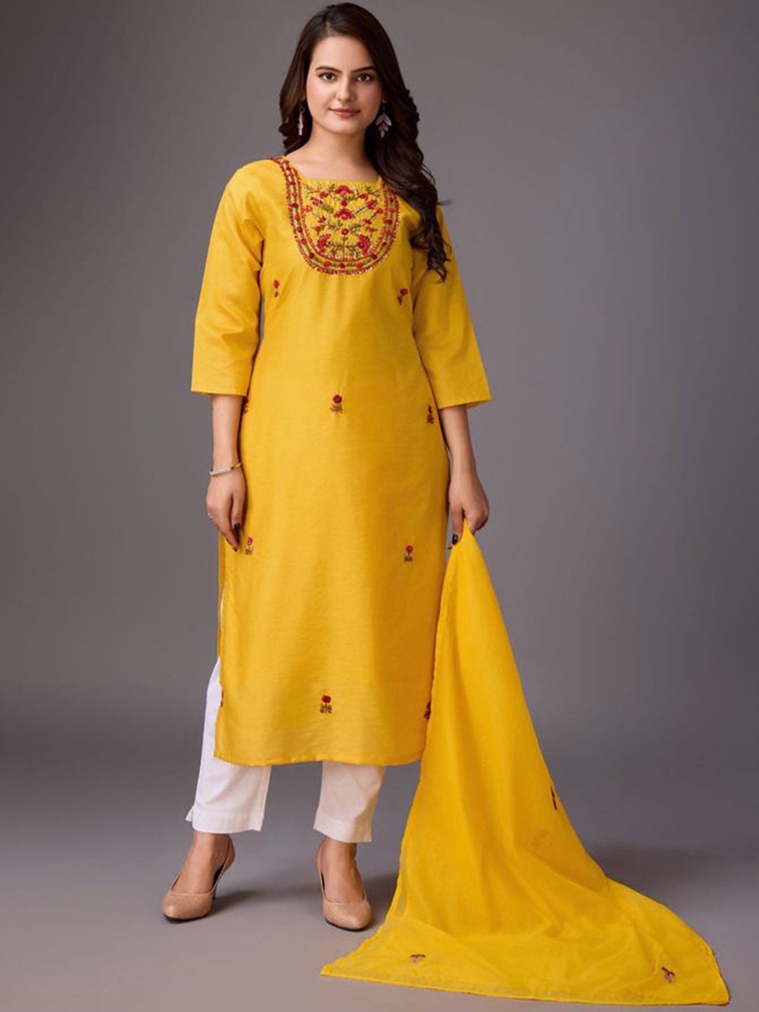 

ADITI ATTIRES Floral Embroidered Round Neck Straight Kurta & Duppatta, Mustard