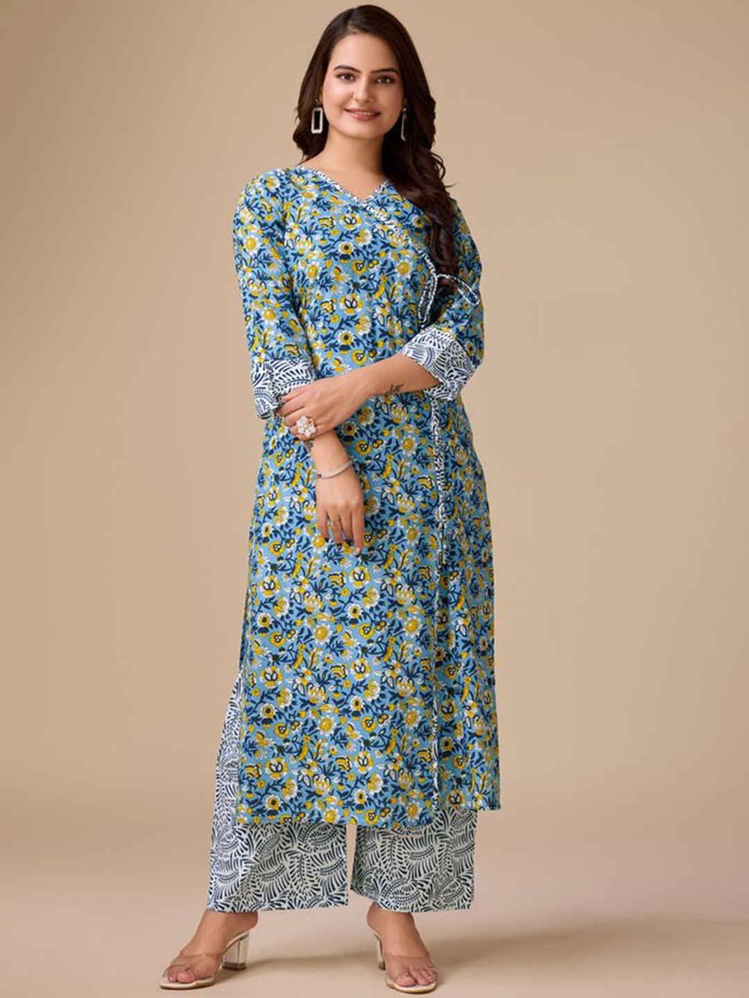 

ADITI ATTIRES Floral Printed Angrakha Pure Cotton Straight Kurta With Palazzos, Blue