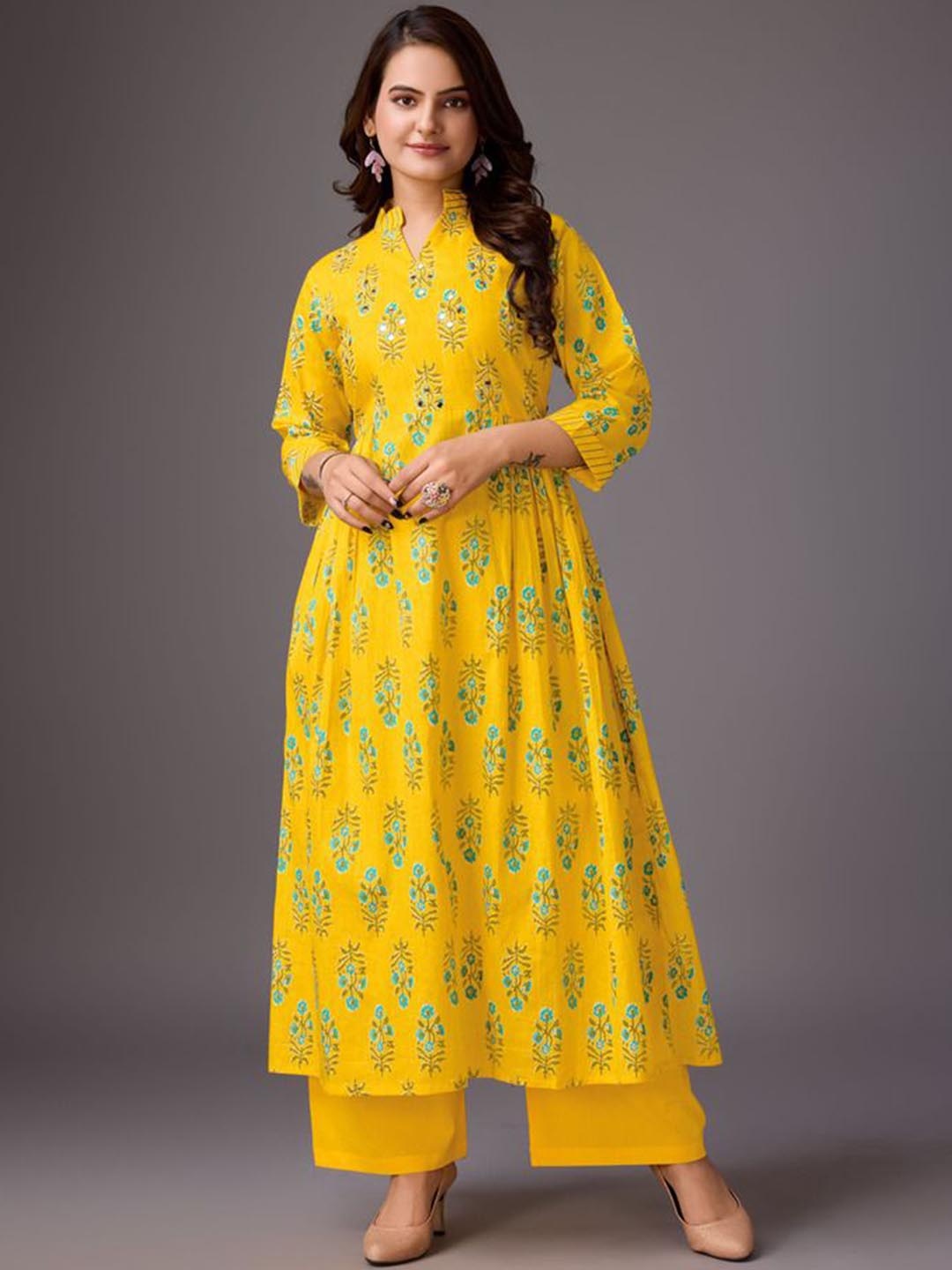 

ADITI ATTIRES Floral Printed Regular Mirror Work Pure Cotton Anarkali Kurta With Palazzos, Yellow