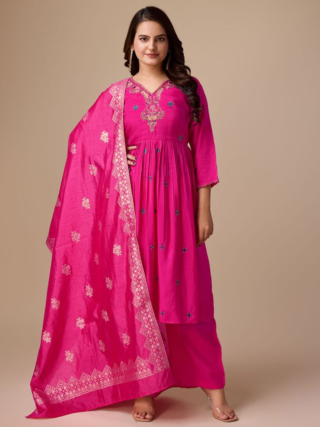 

ADITI ATTIRES Floral Embroidered eads And Stones Anarkali Kurta With Palazzos & Dupatta, Pink