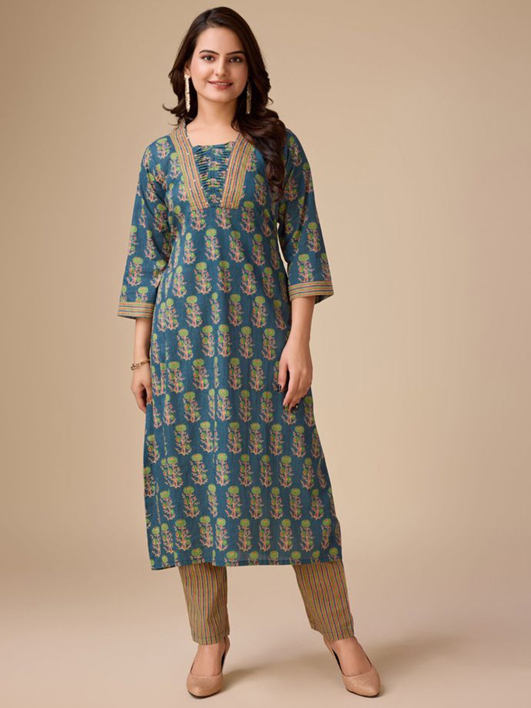 

ADITI ATTIRES Floral Printed Regular Pure Cotton A-Line Kurta With Trousers, Blue