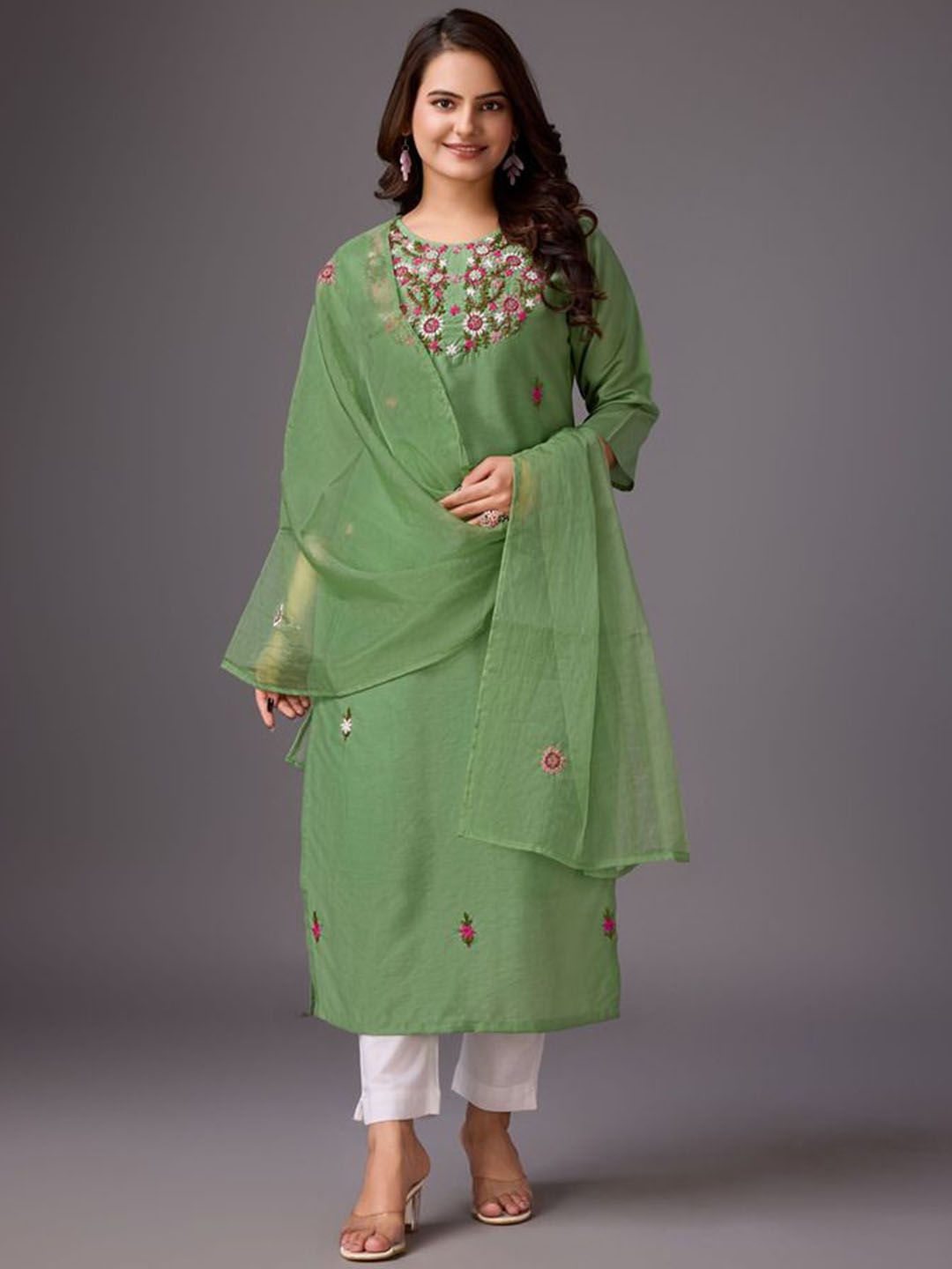 

ADITI ATTIRES Yoke Design Round Neck Thread Work Straight Kurta With Duppatta, Green
