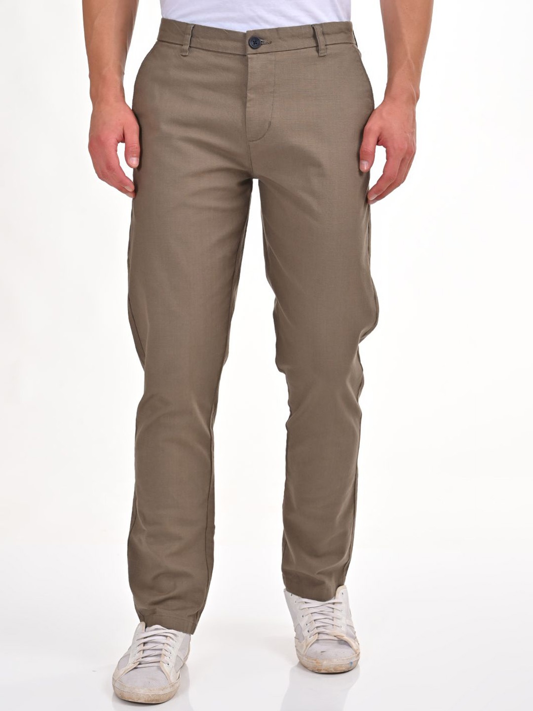 

POE Men Smart Cotton Mid-Rise Slim Fit Trousers, Beige