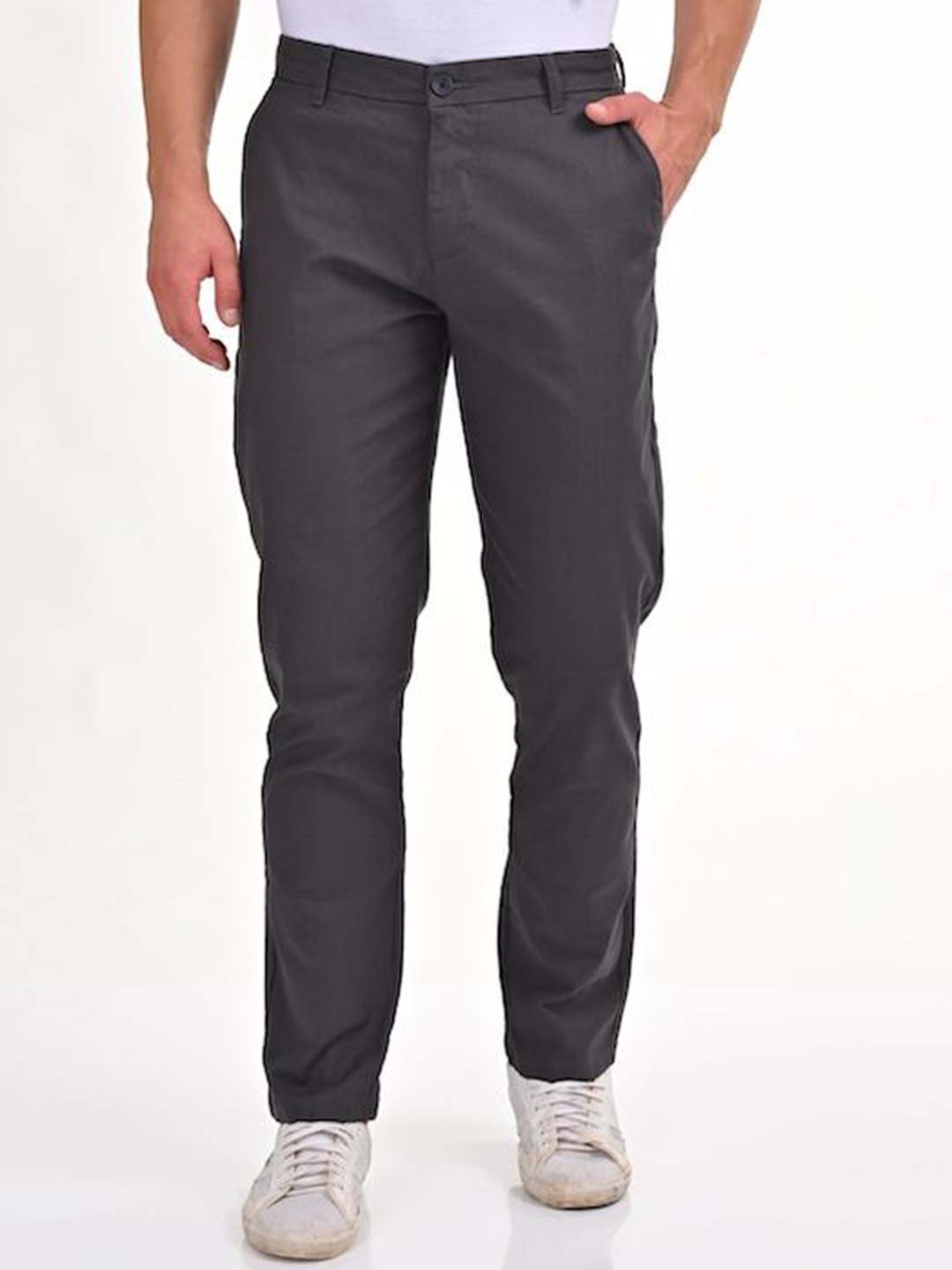 

POE Men Smart Solid Slim Fit Mid-Rise Regular Trousers, Steel