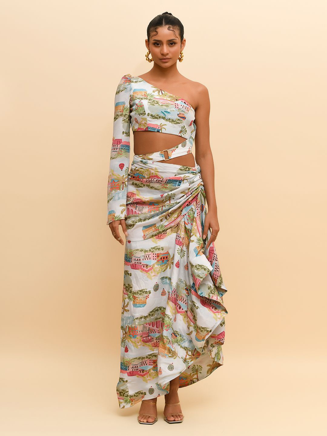 

R.Y by Rishi and Vibhuti Women Printed One Shoulder A-line Maxi Dress, Blue