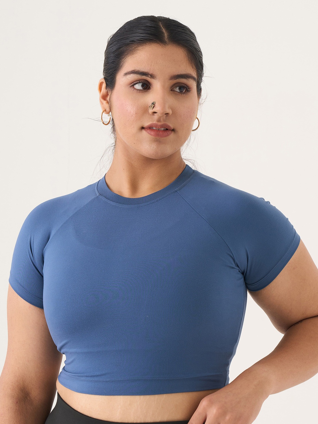 

SPIRIT ANIMAL Women Blue Round Neck Short Sleeves Crop Top