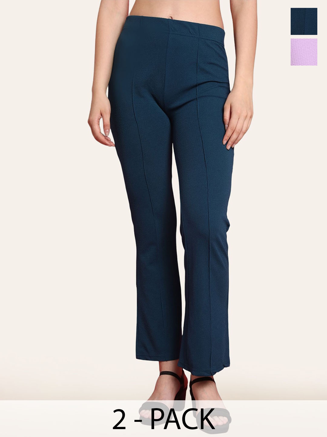 

Fabflee Pack Of 2 Women Flared High-Rise Trousers, Teal
