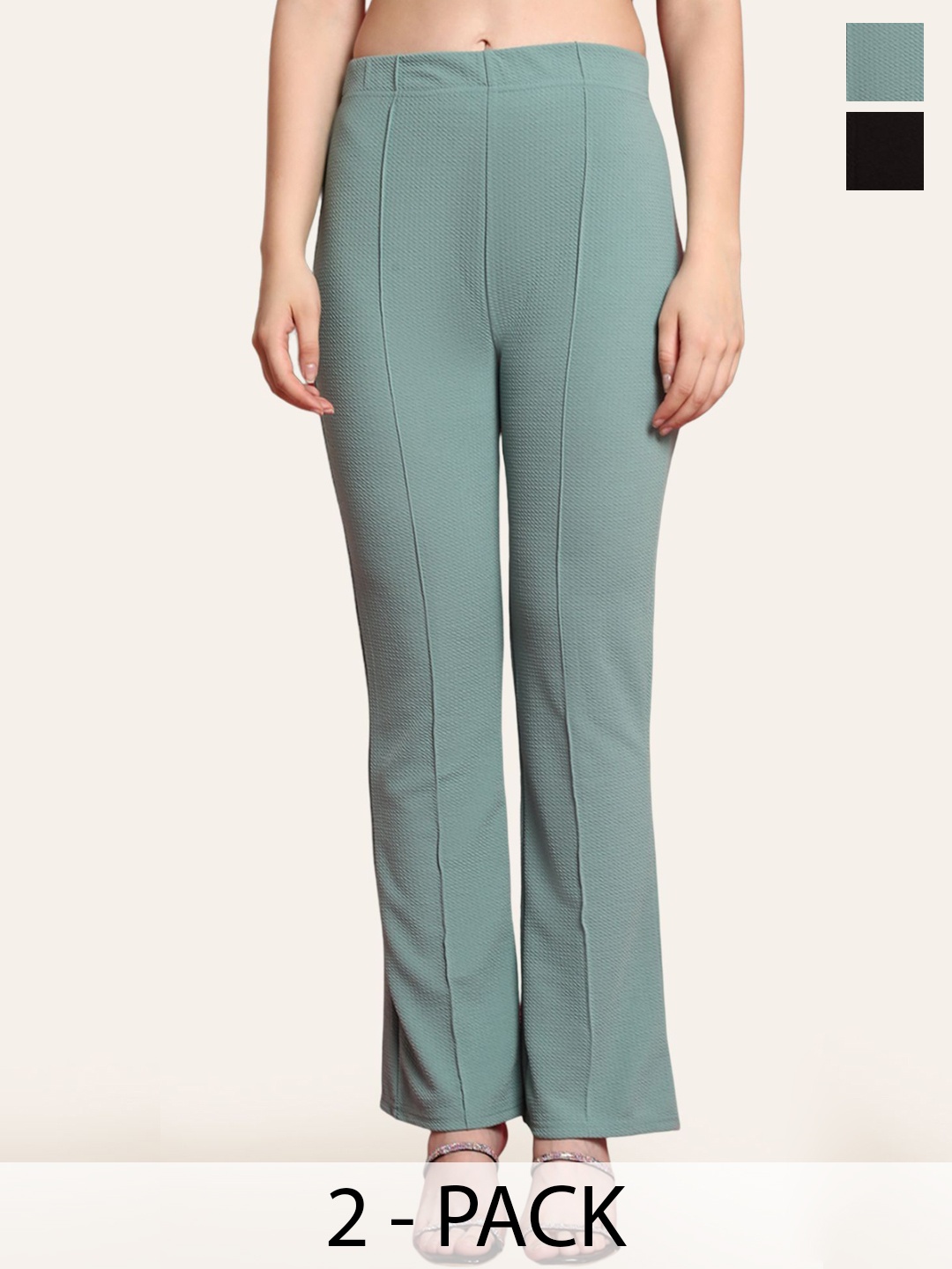 

Fabflee Women Cotton Flared High-Rise Bootcut Trousers Pack of 2, Green