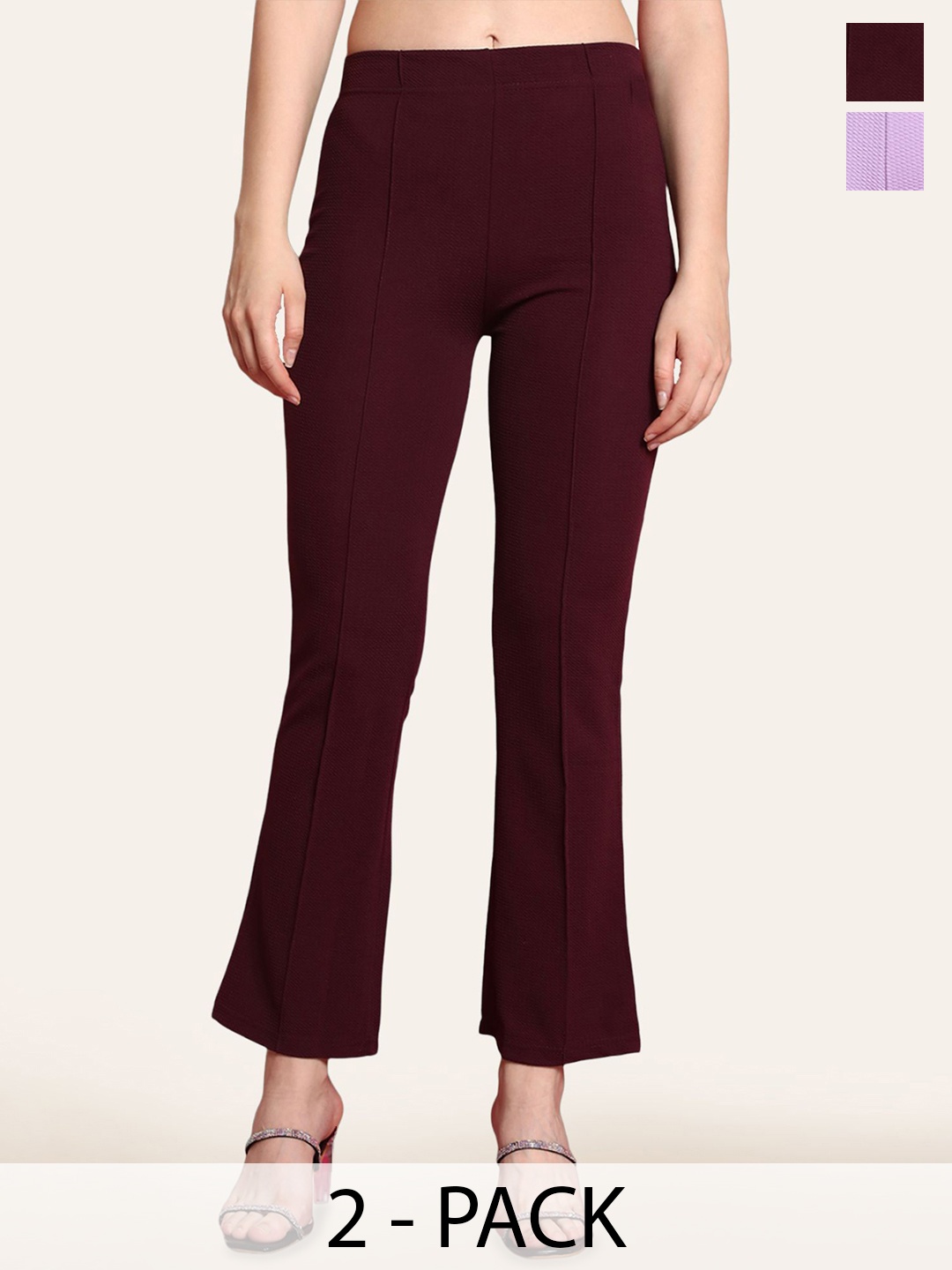 

Fabflee Pack Of 2 Women Flared High-Rise Trousers, Maroon