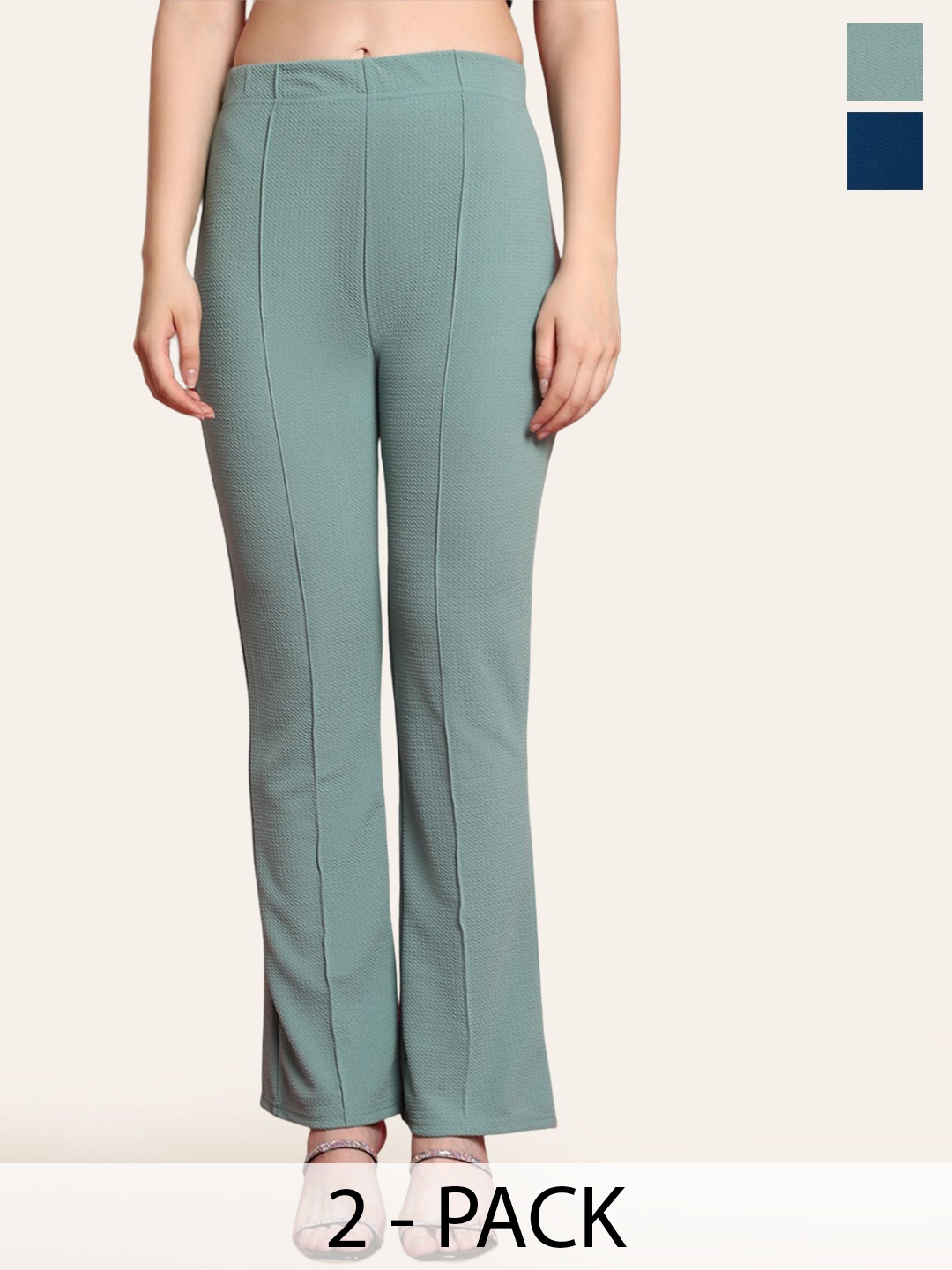 

Fabflee Pack of 2 Women Cotton Flared High-Rise Trousers, Green