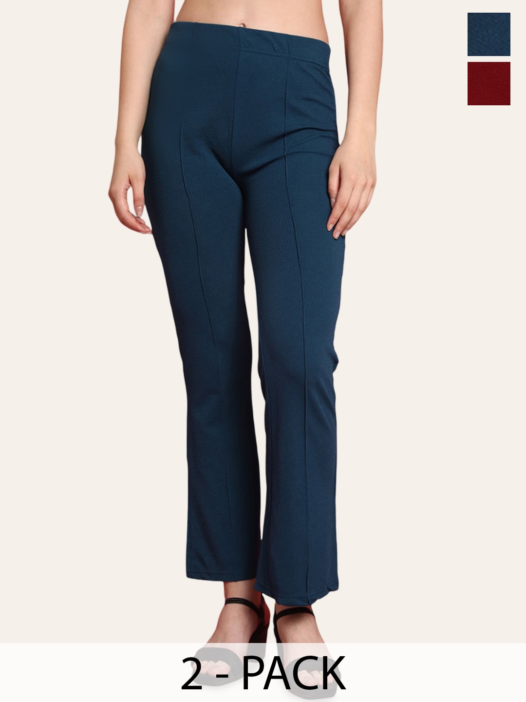 

Fabflee Pack Of 2 Women Flared High-Rise Trousers, Maroon