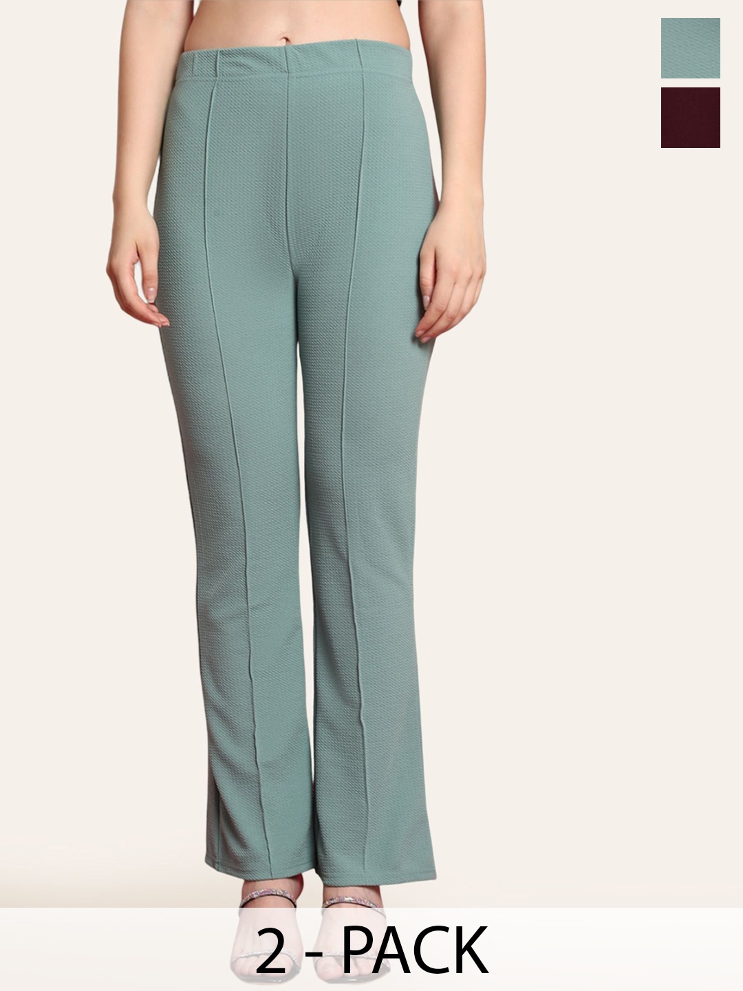 

Fabflee Women Cotton Flared High-Rise Pleated Bootcut Trousers Pack of 2, Green