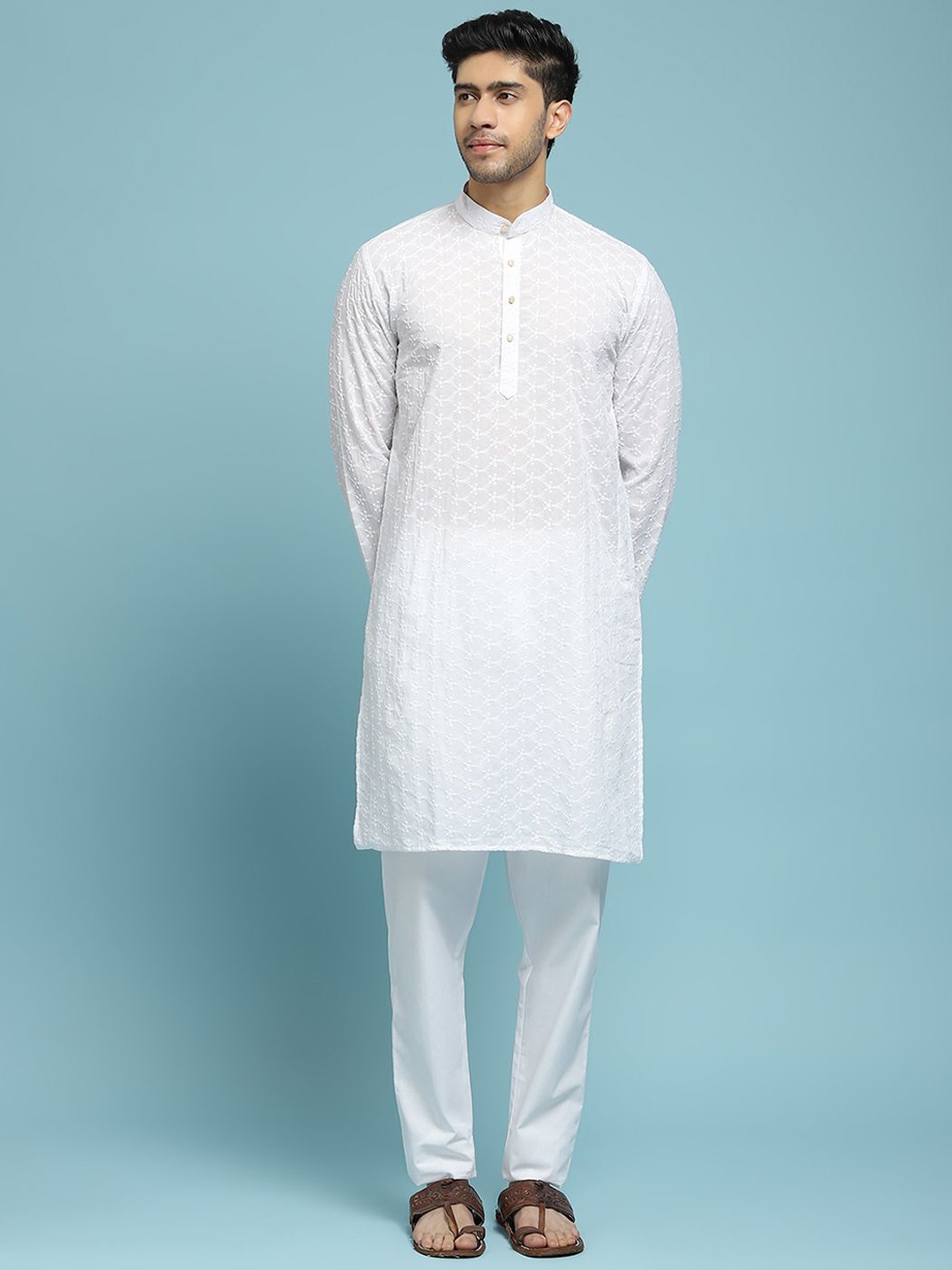 

House of Chikankari Embroidered Woven Kurta, White