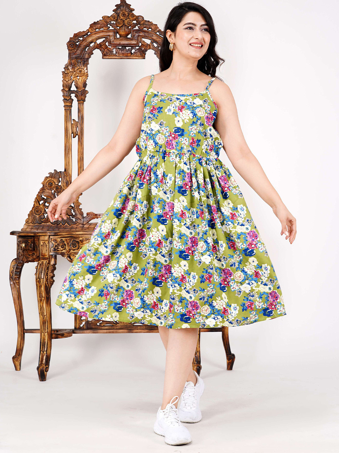 

DSS FASHION Women Floral Print Fit and Flare Midi Dress, Green