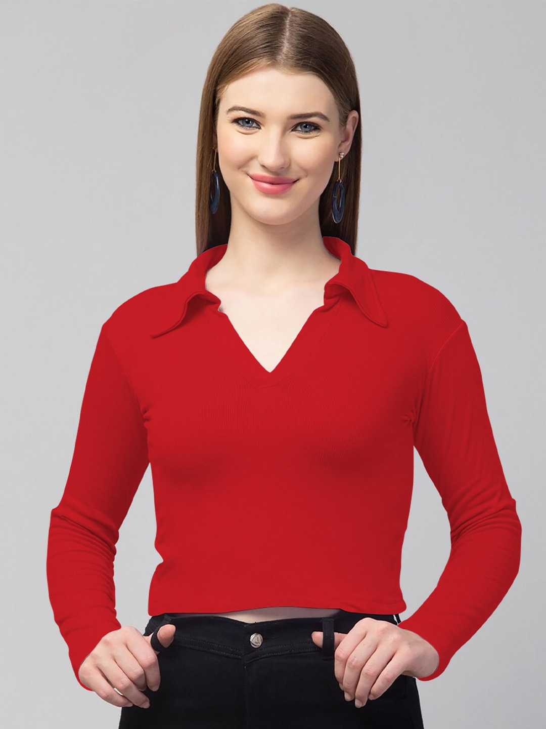 

Dream Beauty Fashion Women Solid Shirt Collar Polyester Top, Red