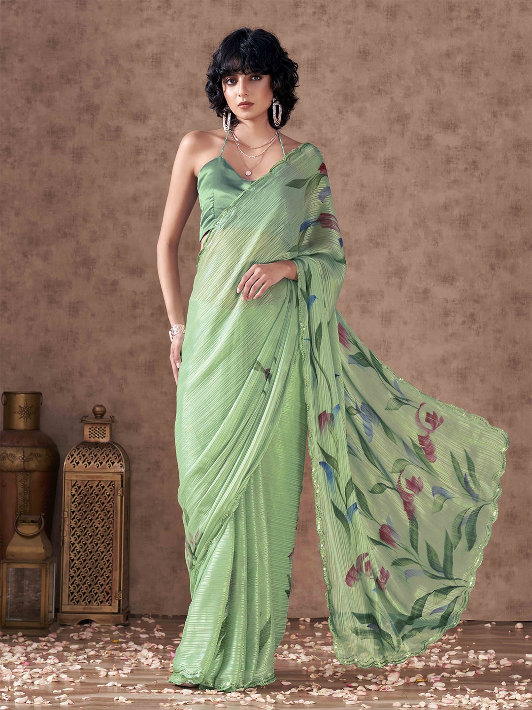 

Tikhi Imli Ethnic Motifs Printed Sequinned Saree, Green