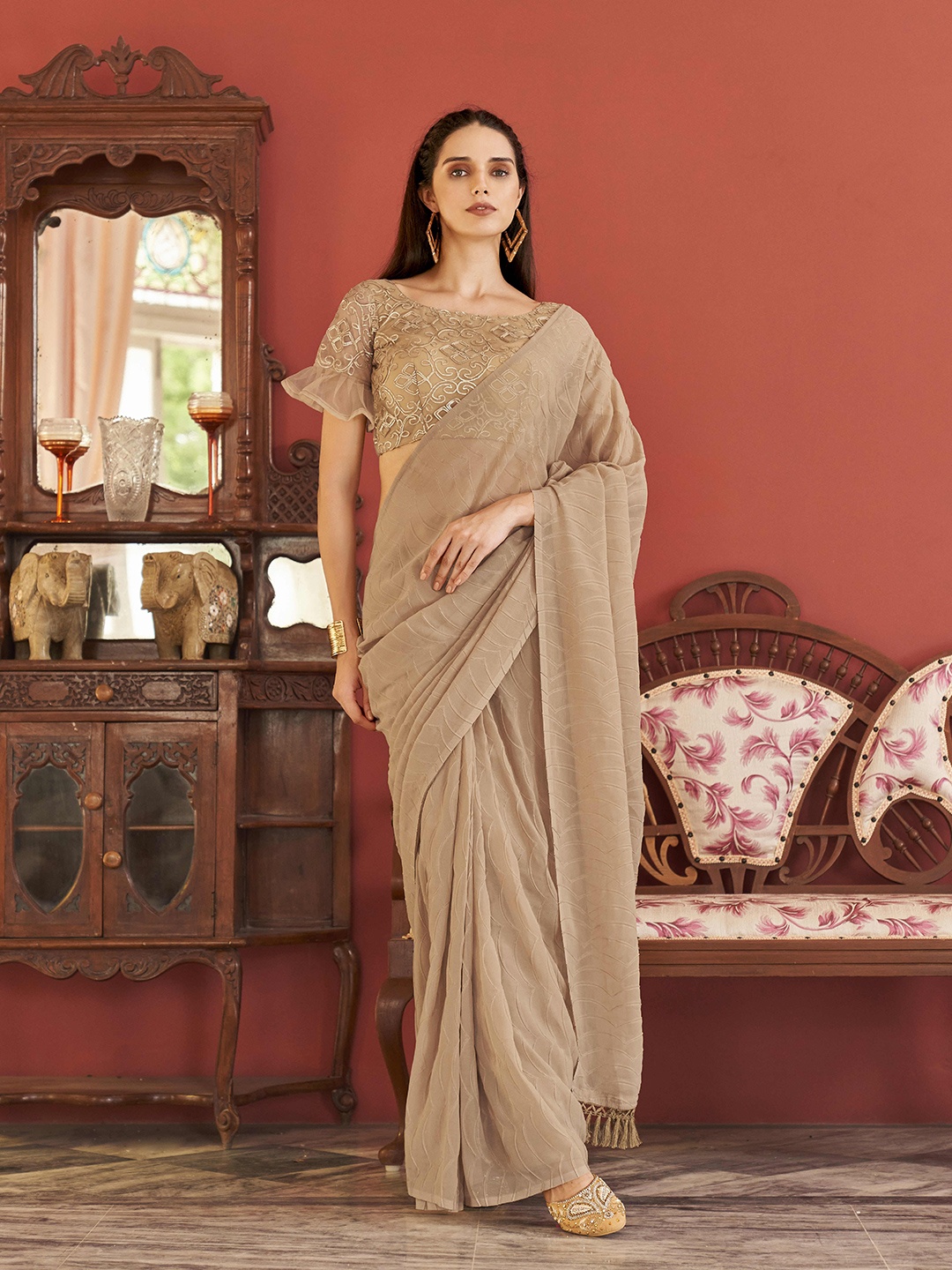 

Tikhi Imli Embroidered Striped Saree, Beige