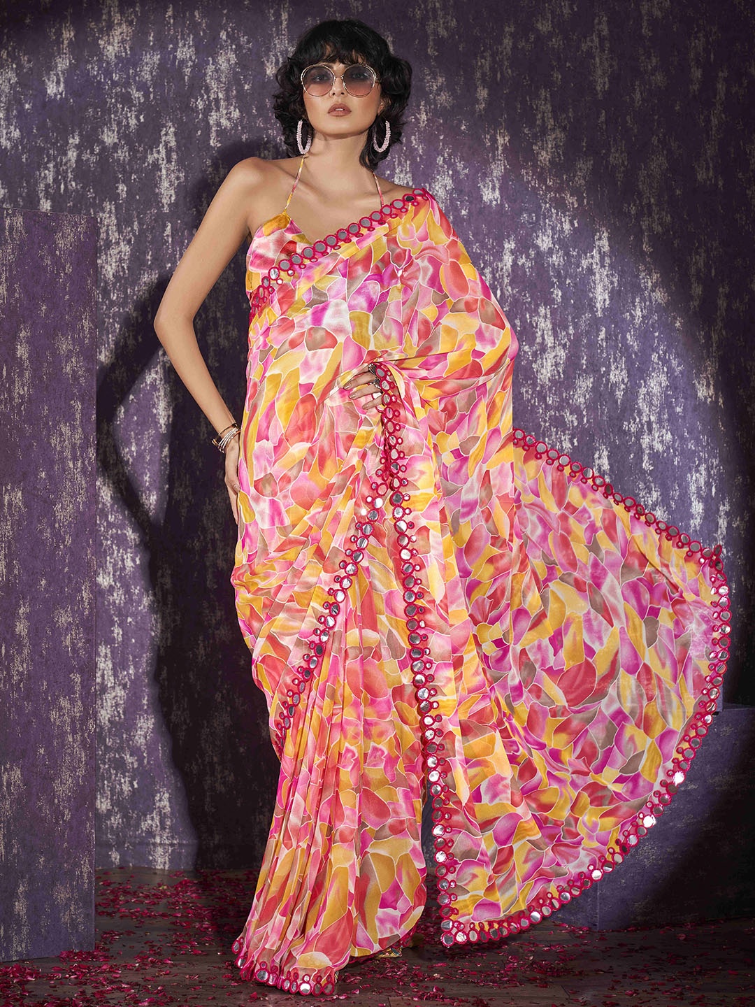 

Tikhi Imli Mirror Work Saree with Blouse, Pink