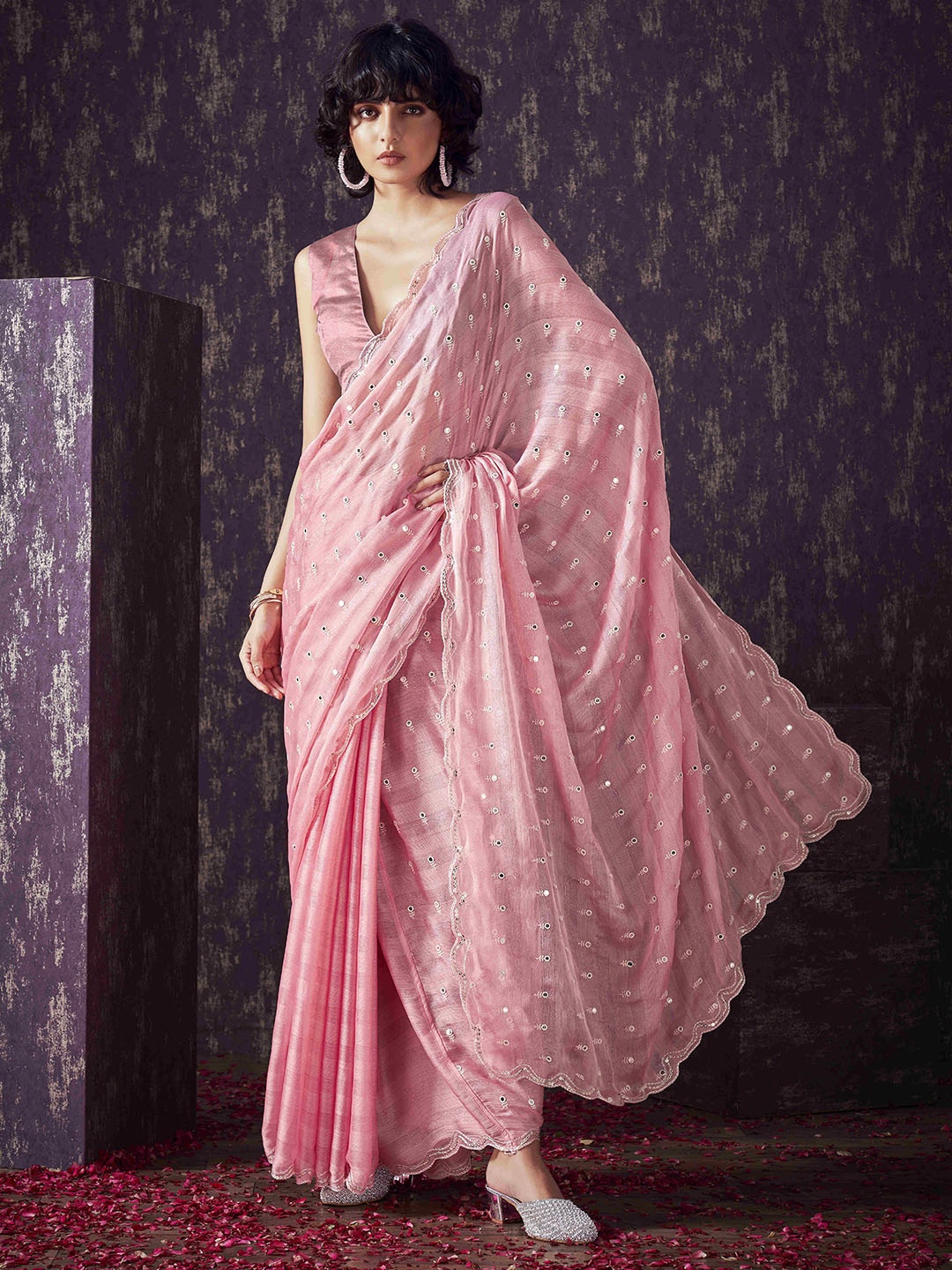 

Tikhi Imli Striped Mirror Work Saree, Peach