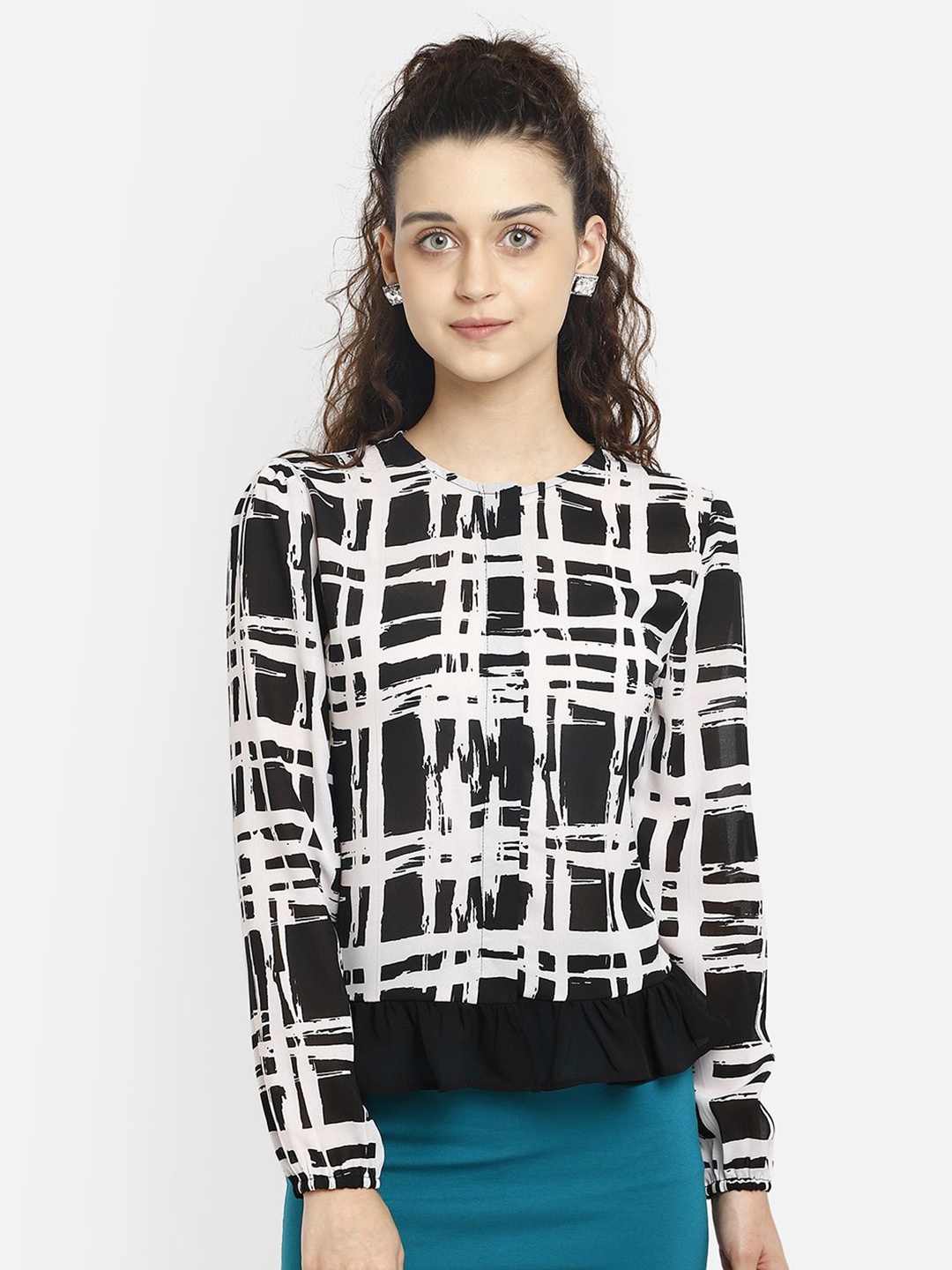 

Yaadleen Geometric Print Georgette Top, Black
