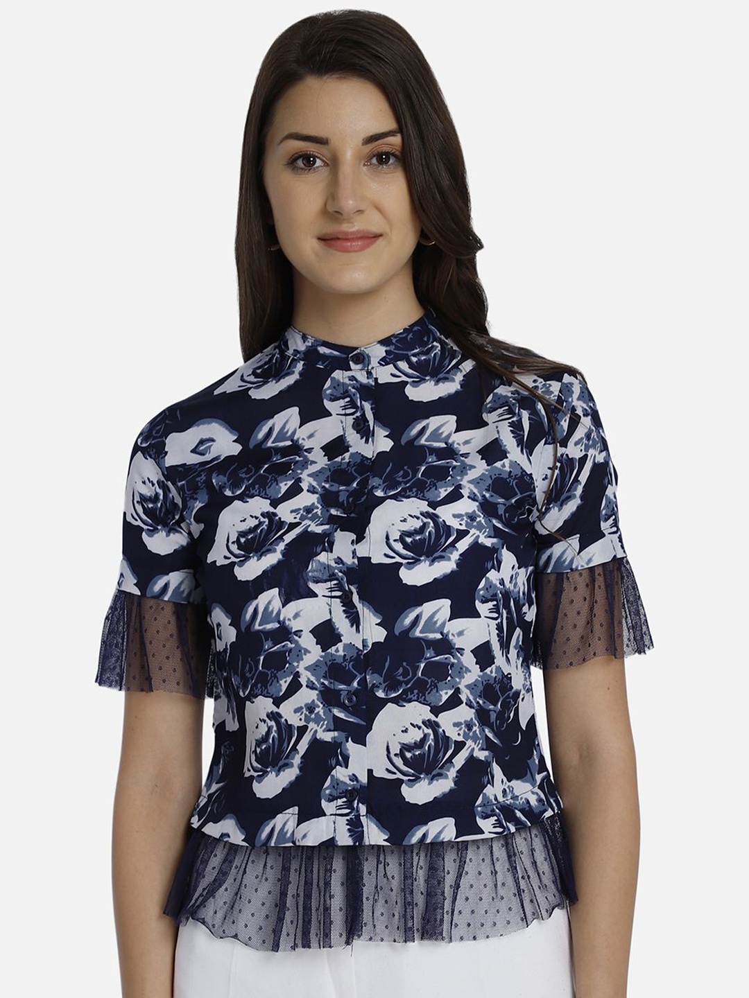 

Yaadleen Women Floral Print Bell Sleeve High Neck Georgette Top, Navy blue