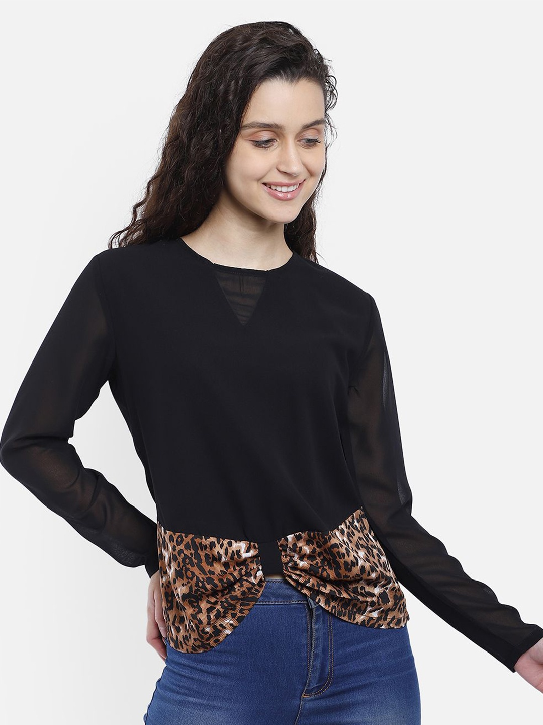 

Yaadleen Women Solid Animal Printed Georgette Top, Black