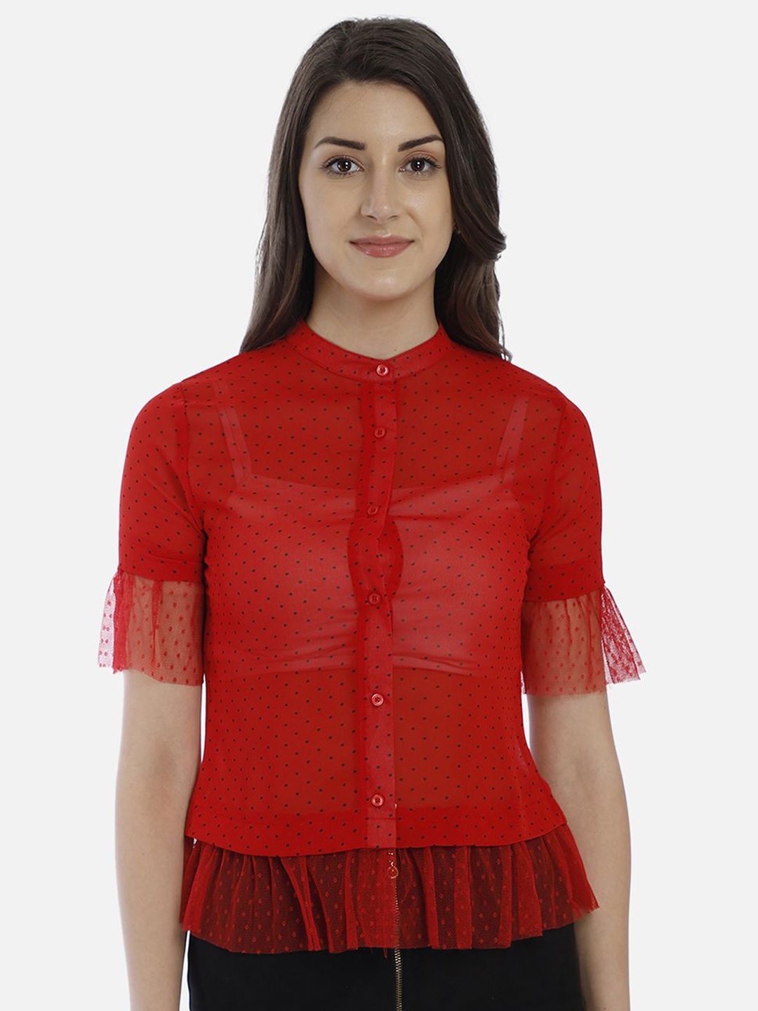 

Yaadleen Women Red Mandarin Collar Bell Sleeve Georgette Shirt Style Top
