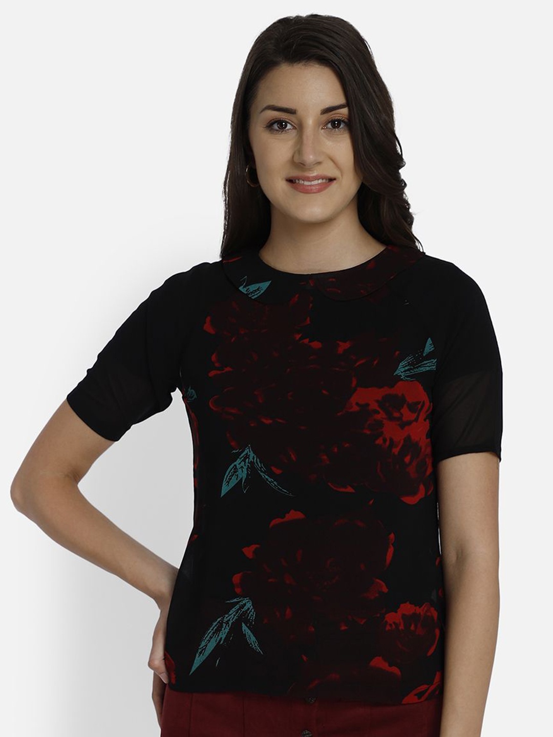 Yaadleen Women Black Short Sleeves Round Neck Floral Print Georgette Top