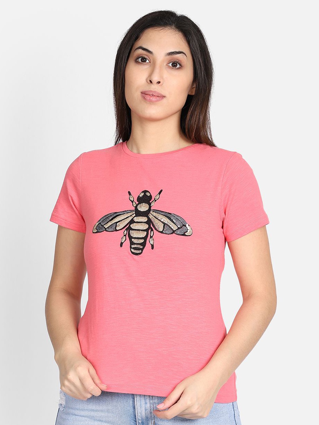 

Yaadleen Women Pink Round Neck Print Cotton Top