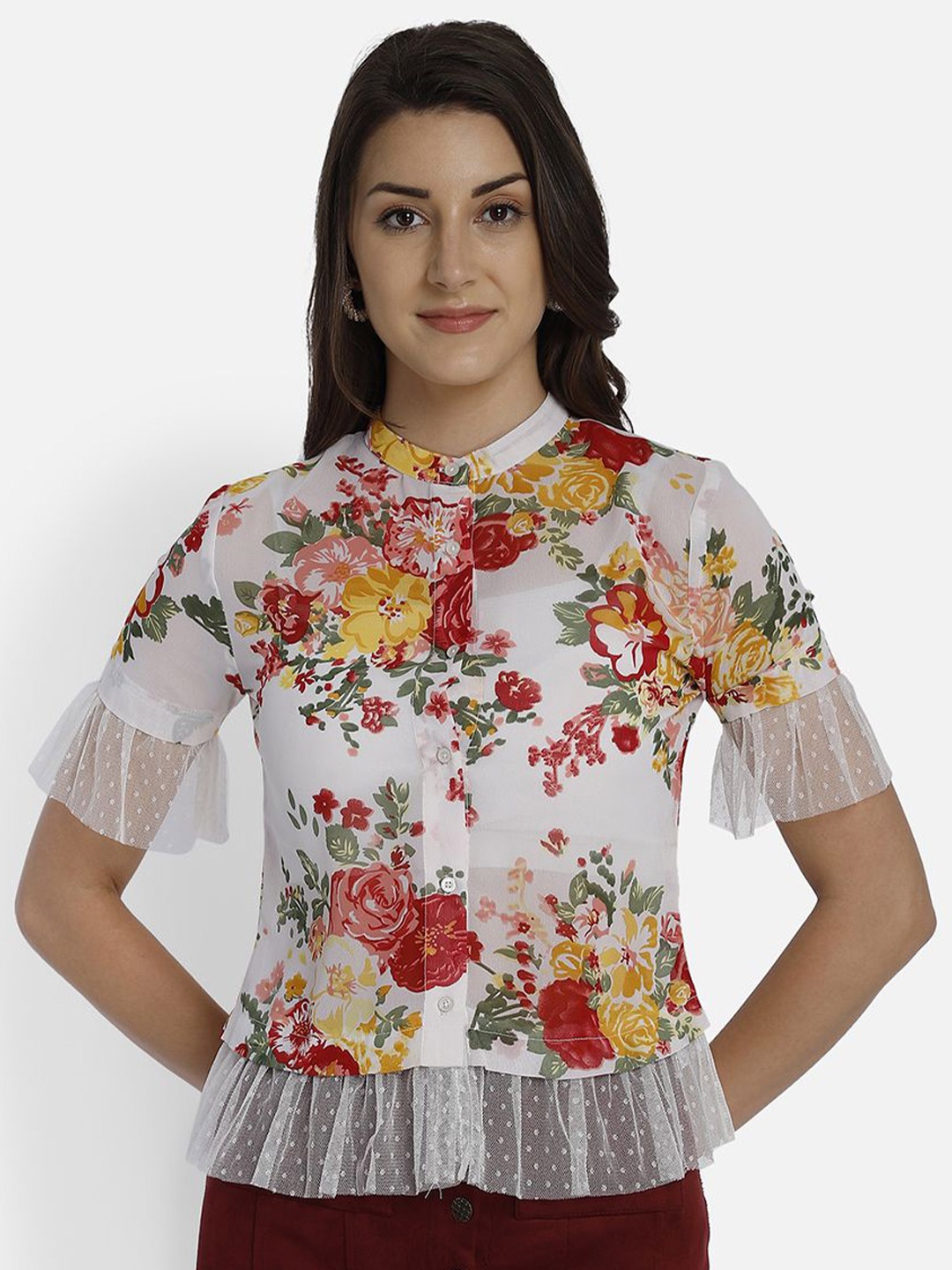 

Yaadleen Floral Print Bell Sleeve Georgette Top, White